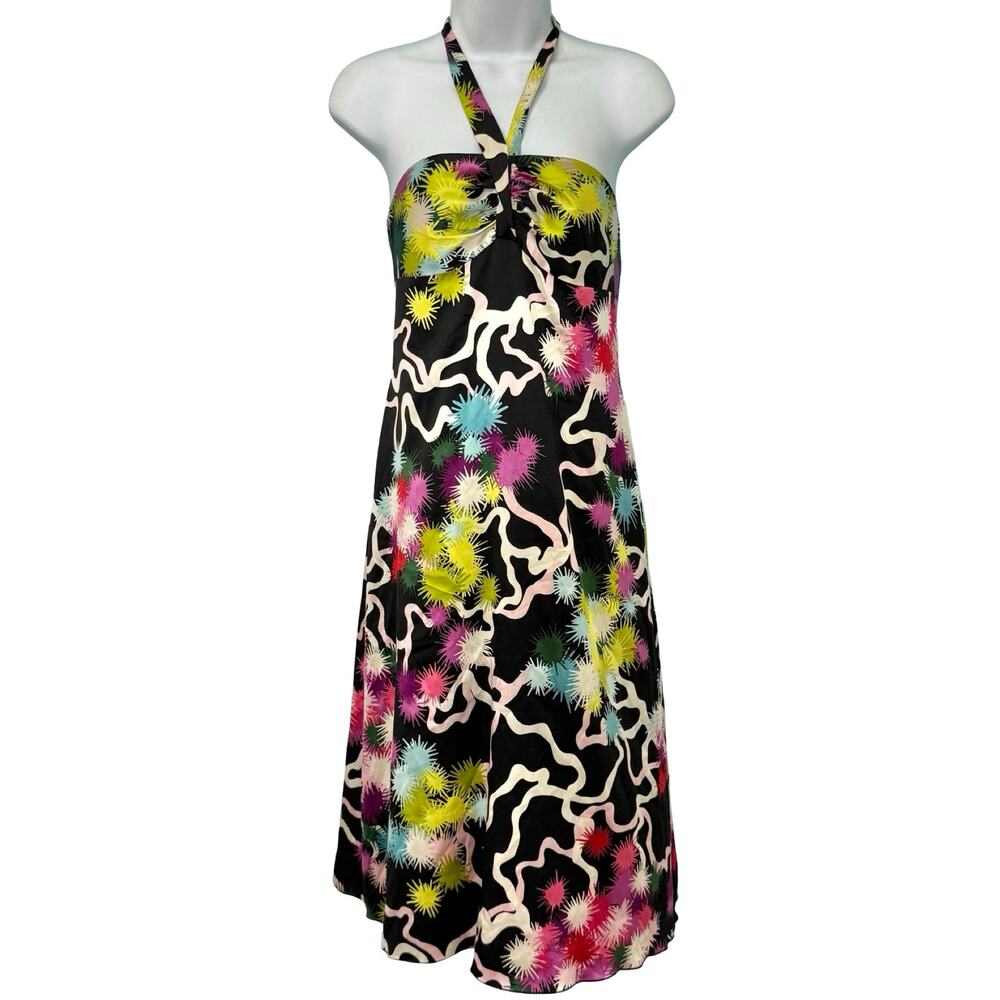 Trina Turk Y2K Abstract Black Pink Green Neon Silk Satin Halter Dress size 8